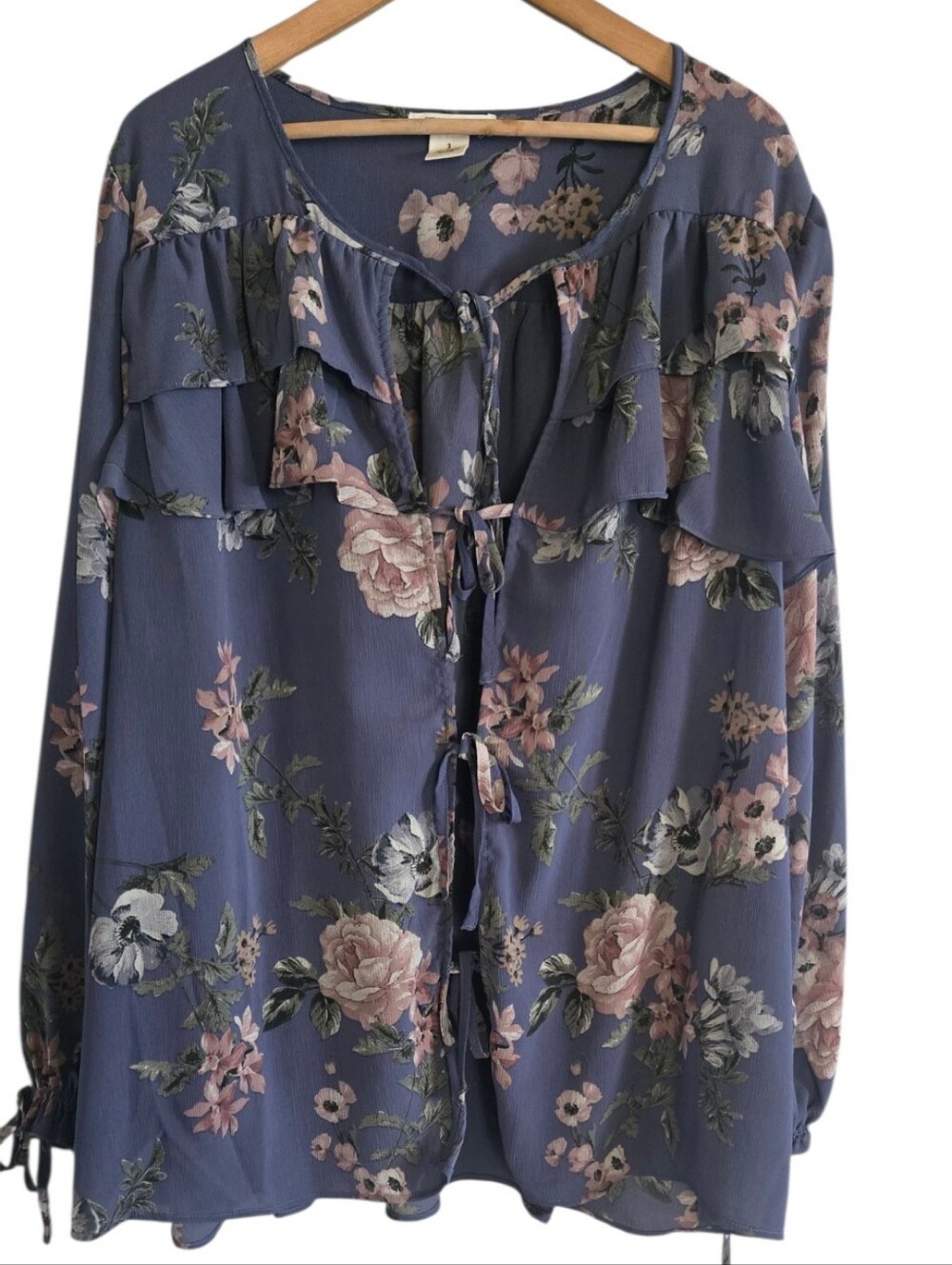 Torrid Festi Chiffon Semi-Sheer Tie Front Blouse Balloon Sleeves Ruffle 3X NWT - Picture 2 of 8